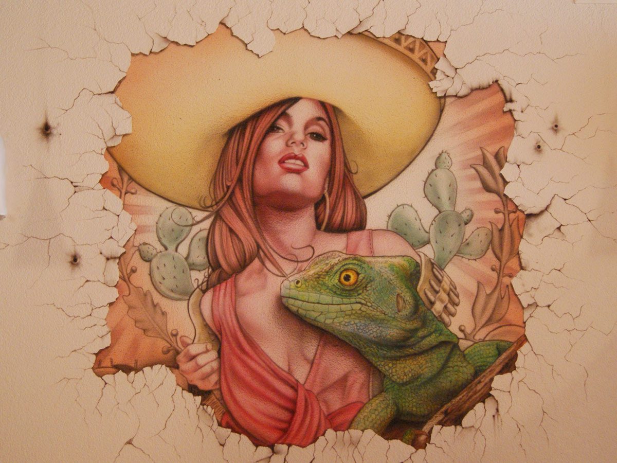 Frau mit Sombrero und Leguan in der aufgebrochenen Wand