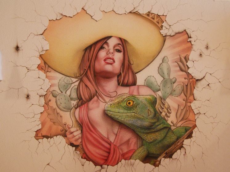 Frau mit Sombrero und Leguan in der aufgebrochenen Wand