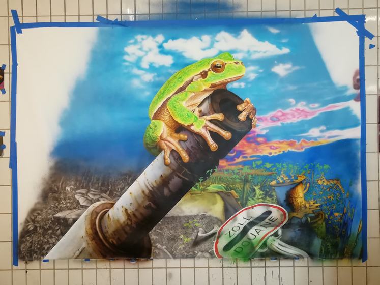 Frosch, Kanonenrohr und Landschaft auf der ganzen Tafel