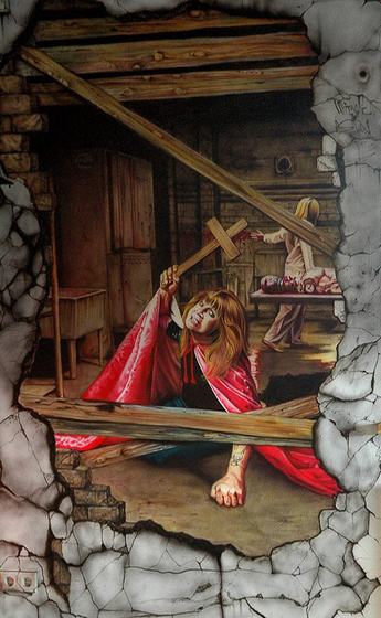 Ozzy Osbourne mit Holzkreuz hinter gemalten Balken, Airbrush